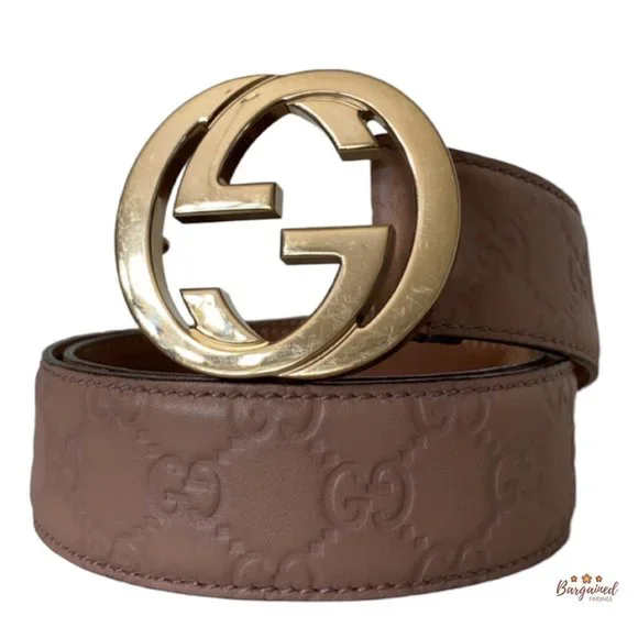 Authentic Gucci Brown Leather Gold Interlocking G Buckle Belt 80/32 Authentic Gucci Brown GG Supreme Gold Interlocking G Buckle  main image 4